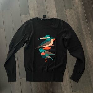 French Connection Sweater Women's Small Black Pullover Aztec Style Birds